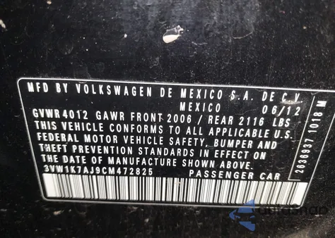 2012 Volkswagen Jetta 2.0L S from USA, damaged, VIN 3VW1K7AJ9CM472825